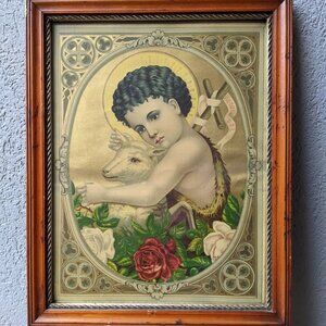 Framed Antique Religious Victorian Lithograph Saint John the Baptist